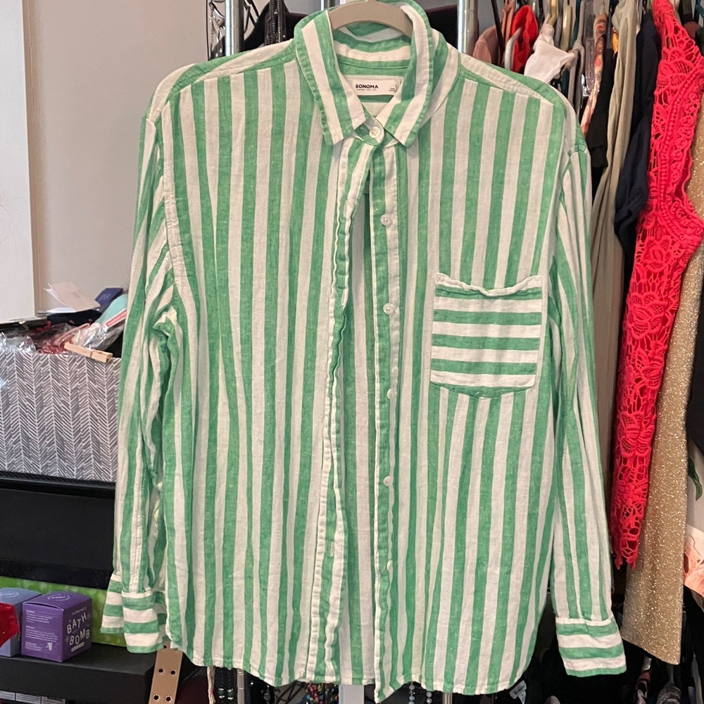 Sonoma Striped Button-Down Shirt in Green and White